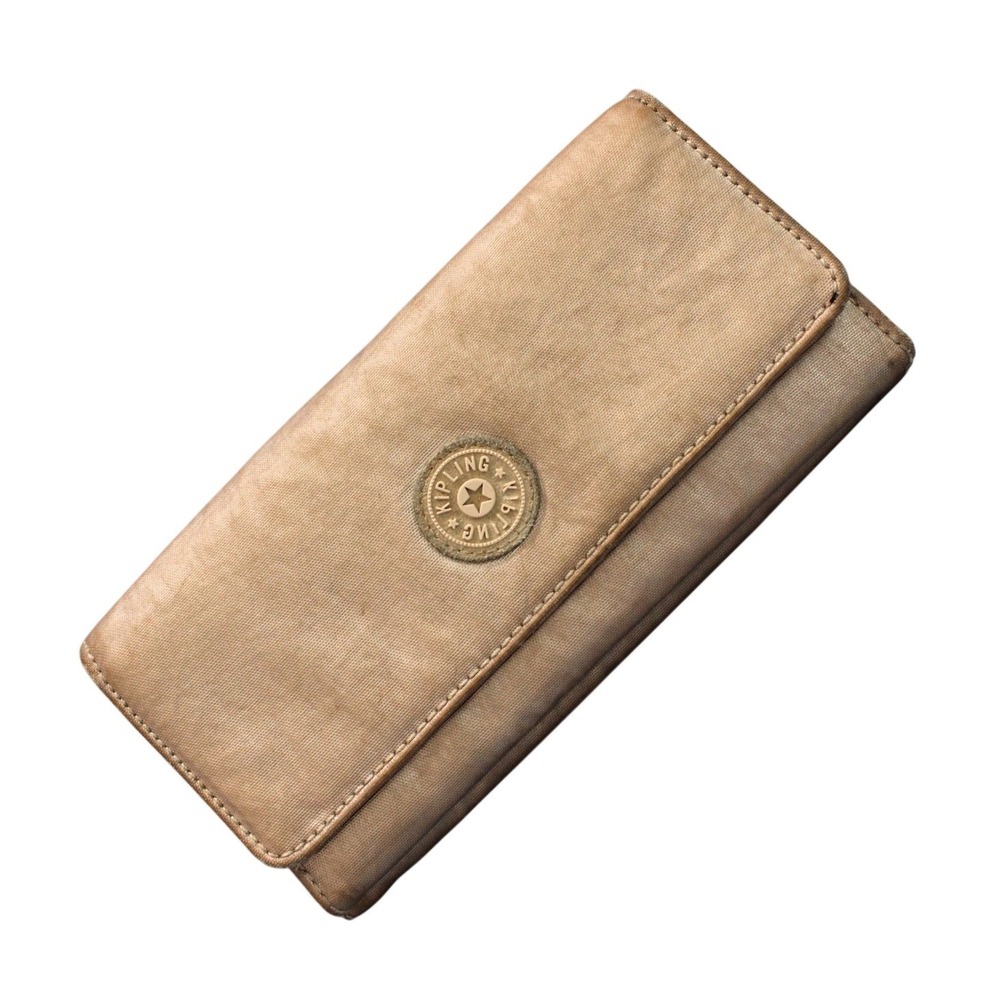 KIPLING Shinny Beige NYLON Snap Closer CHECKBOOK CREDIT CARD Bifold Wallet